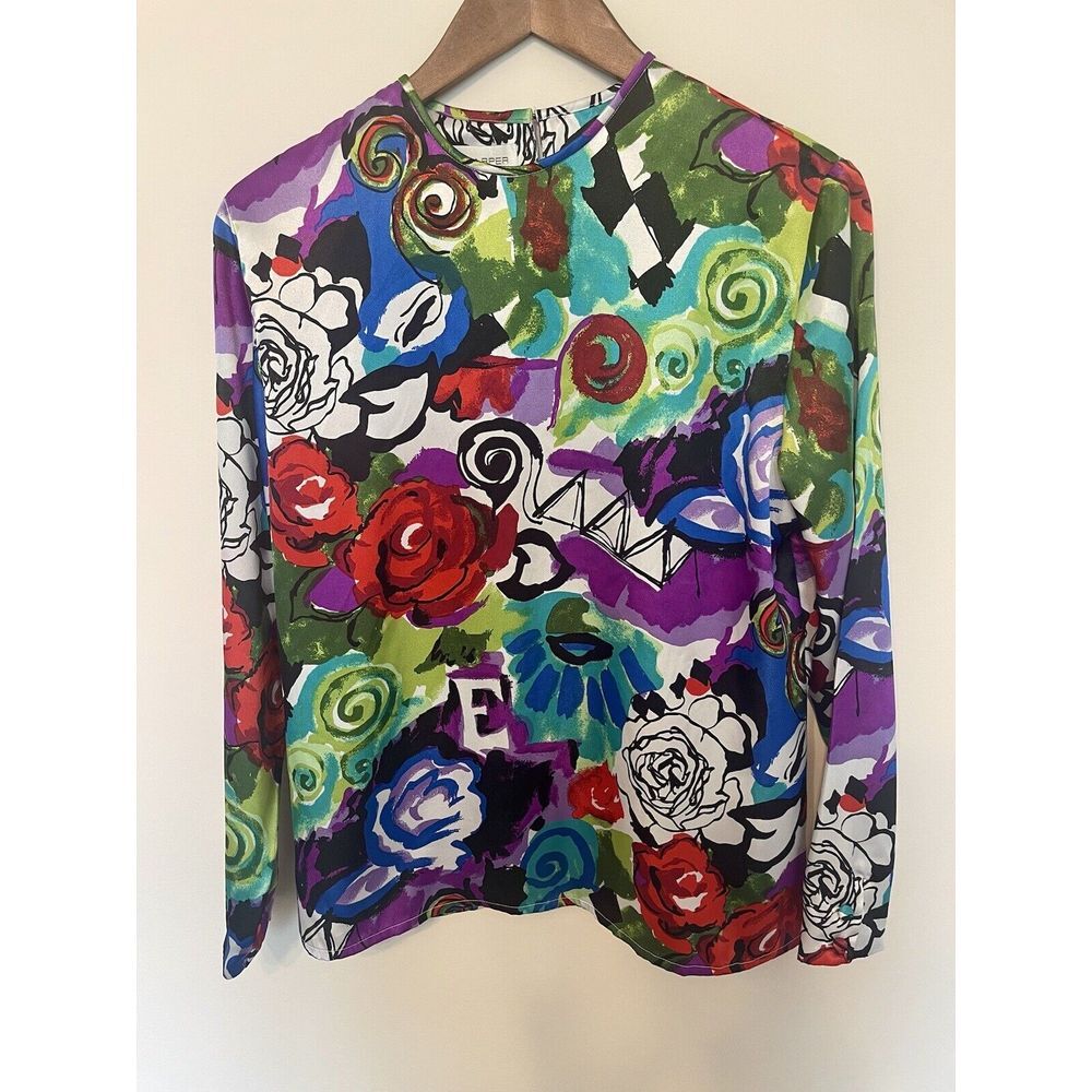 EJHarper Shirt Size6 long sleeve colorful watercolor Artsy Floral‎ Geometric